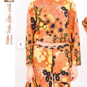 Genuine 1970s Orange Floral Flowered matching Pant & Top Set HALLOWEEN COSTUME